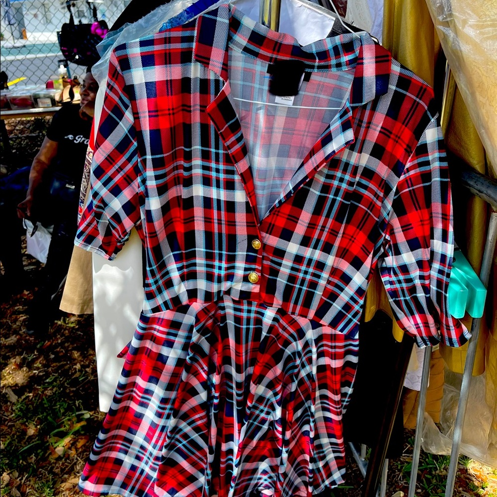 Red, White, & Blue Plaid Dress w/ Gold buttons and Belt.